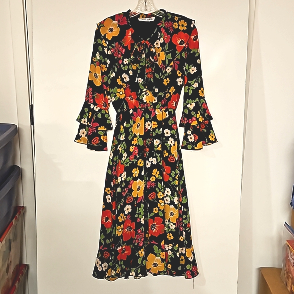 Twisted wunder floral print ruffled midi dress sz 6 tiered bell sleeves vibrant - Picture 3 of 12